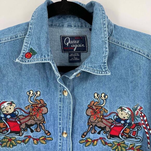 Vintage Christmas denim button down embroidered reindeer shirt Christmas large 1 - Picture 2 of 9